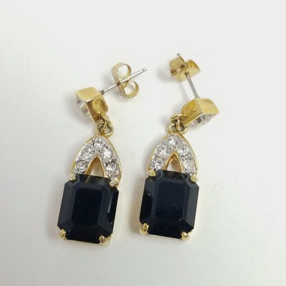 Vintage Black Rhinestone Stud Dangle Earrings, Retro Elegance, Gold Tone Setting - Picture 5 of 6